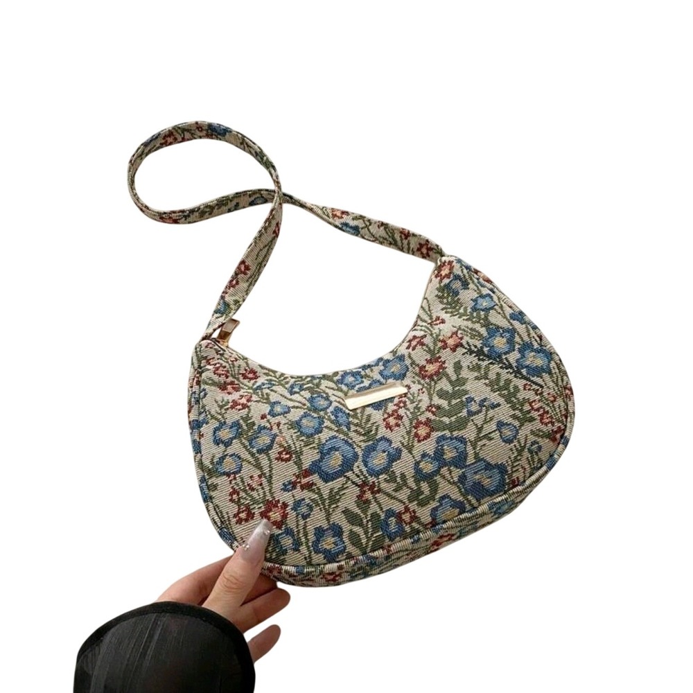 Floral Tapestry Shoulder Bag Women's Crescent Hobo Style Purse